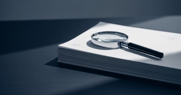 A magnifying glass resting on plain financial documents on a dark desk under soft light
