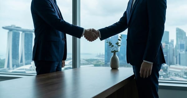 Two business professionals shaking hands across a desk