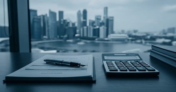 Calculator, pen and financial documents on a desk overlooking the Singapore skyline — valuing a business in Singapore