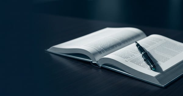 An open hardcover reference book and a fountain pen on a dark desk under soft directional light