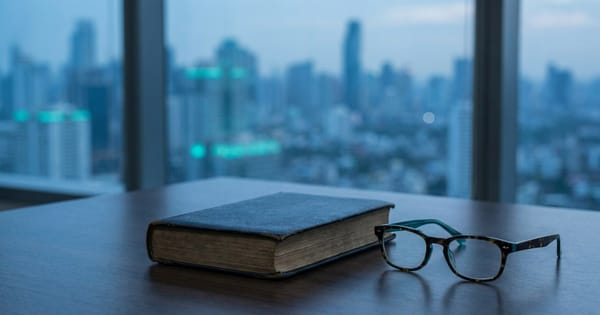 A closed leather-bound book and a pair of reading glasses on a dark desk with a faint Southeast Asian skyline behind