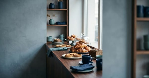 A warm artisan bakery counter with fresh pastries under soft window light