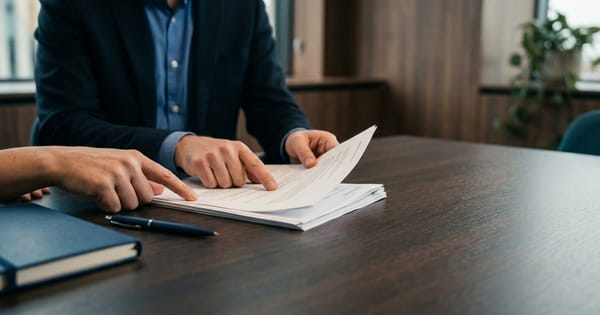 A business advisor and a client reviewing documents together at a desk